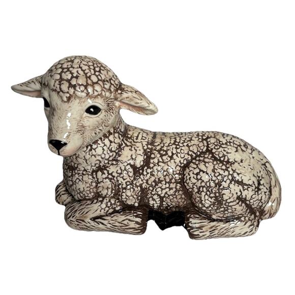 Vintage Scioto Ceramic Lamb Sheep Figurine Pottery Glazed Brown White 8"H x 9"L - Picture 1 of 12